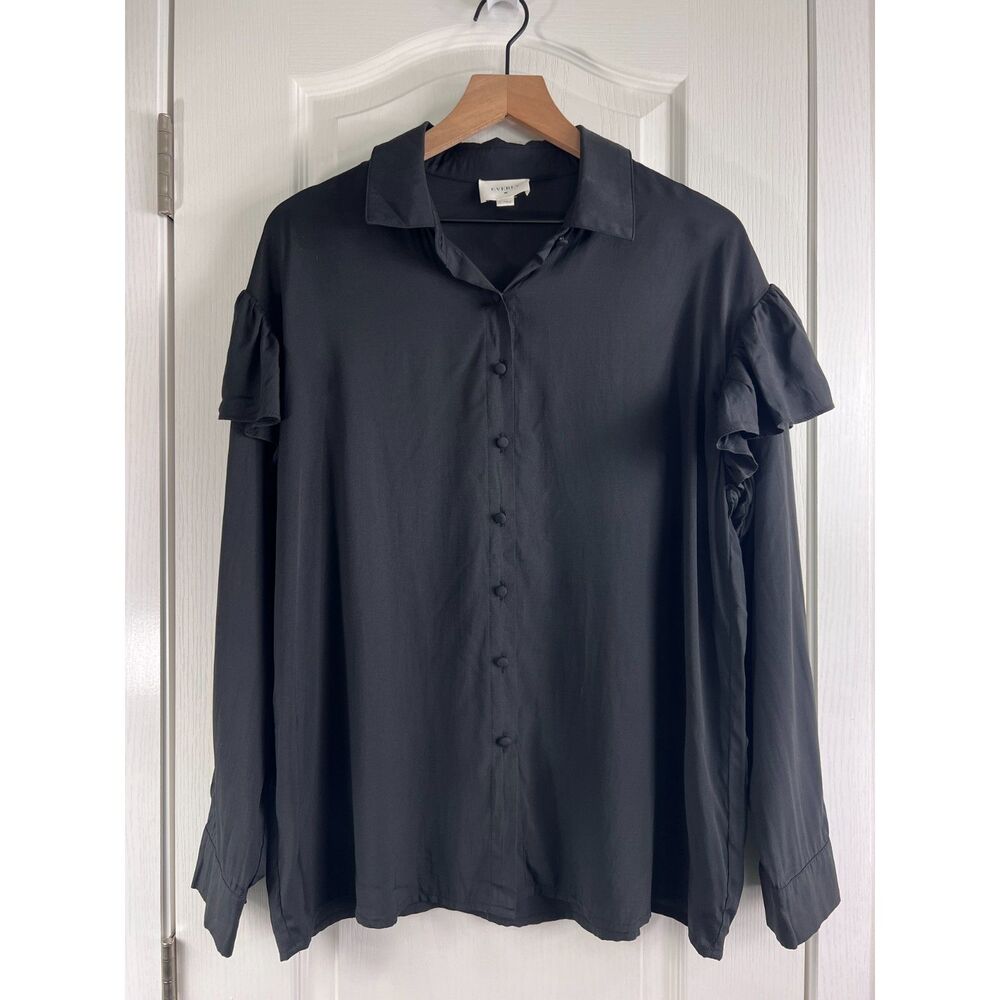 Everly Women's Button Up Shirt Blouse Long Sleeve Ruffle Detail Black Size L